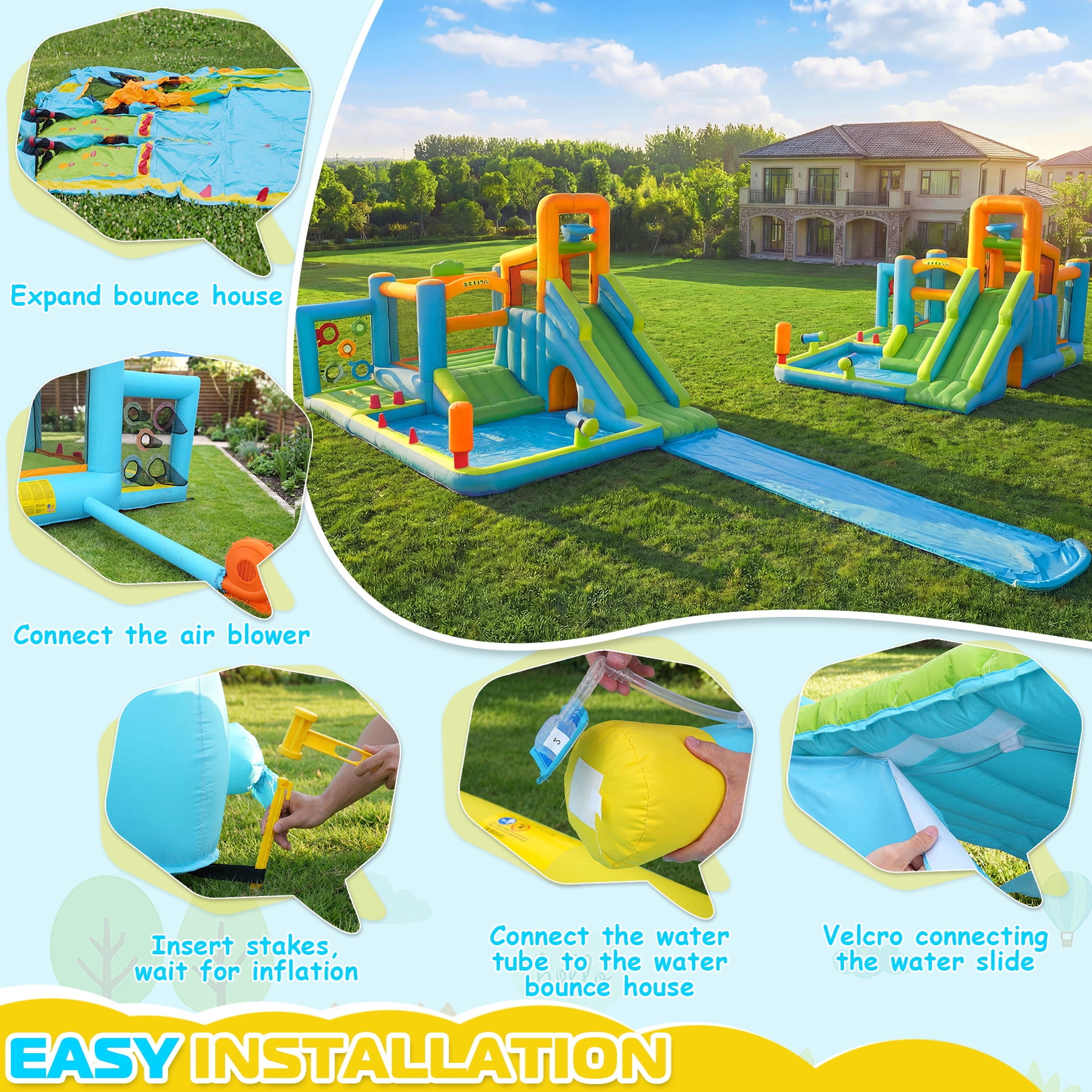 Adnoom 17-in-1 Inflatable Water Slide Bounce House for Kids 3-12, 16x11ft Large Golf Water Park with 16ft Detachable Slide, Splash Pool, Tunnel, Climbing, Jumper Castle Backyard w/550W Blower