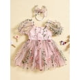 thumbnail image 2 of vera natura Newborn Girl Outfit, Puff Sleeve Embroidery Flower A-line Romper Dress with Bow Headband Clothes, 2 of 9