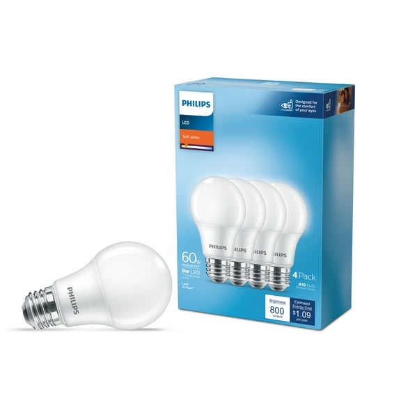Philips LED 60-Watt Equivalent A19 General Purpose Household Light Bulb, Frosted Soft White, Non-Dimmable, E26 Medium Base (4-Pack)
