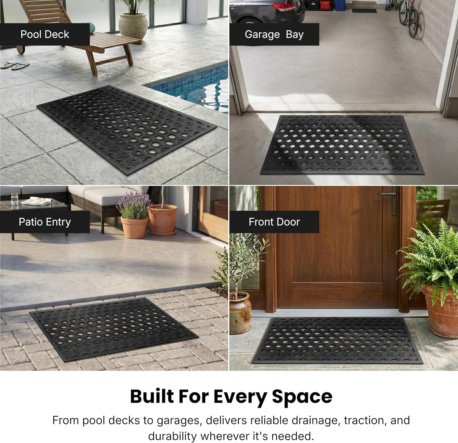 SUBHERA Heavy Duty Rubber Door Mat, Non-Slip Drainage, Outdoor All-Weather, 25x39 Inches