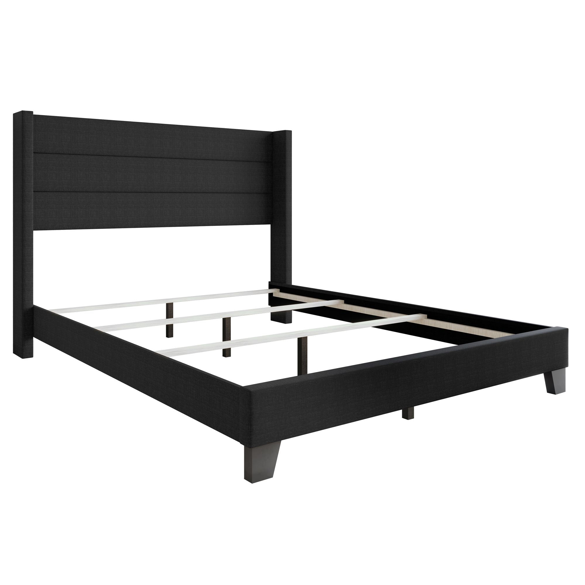 Home Design Niles King Upholstered Panel Bed Frame with Wingback Headboard and Foam-Padded Support, Black, Easy Assembly