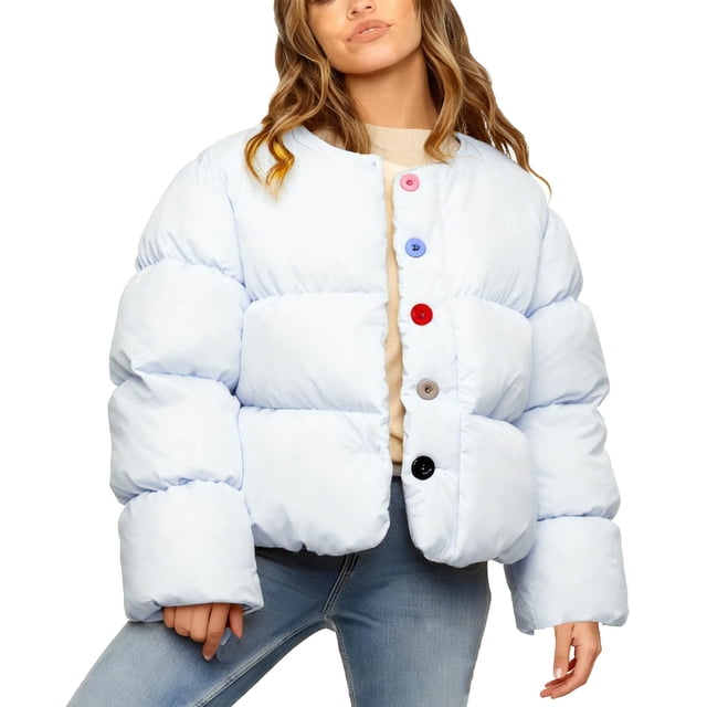 Veste d'Hiver en Coton à Capuche Décontractée pour Femmes, Col Rond, Épaisse, Matelassée, avec Boutons Colorés et Poches Fonctionnelles pour Temps Froid