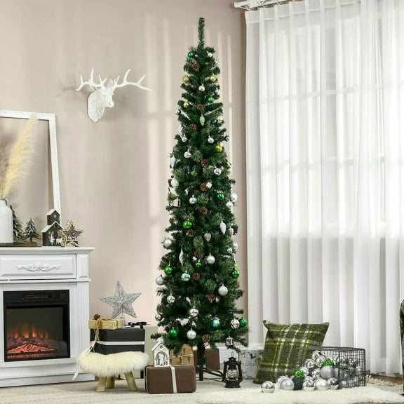 Spaco 7.5 Foot Pencil Artificial Christmas Tree, Slim Pine Needles Xmas Tree with Realistic Branches, Pine Cones, Metal Base, Christmas Tree for Indoor Holiday Decoration, Green