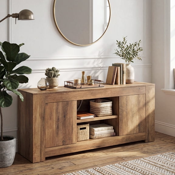 LEDREM Farmhouse TV Stand for 65 Inch TV, Entertainment Center with Storage Cabinets, Media Console Table for Living Room, Honey Brown