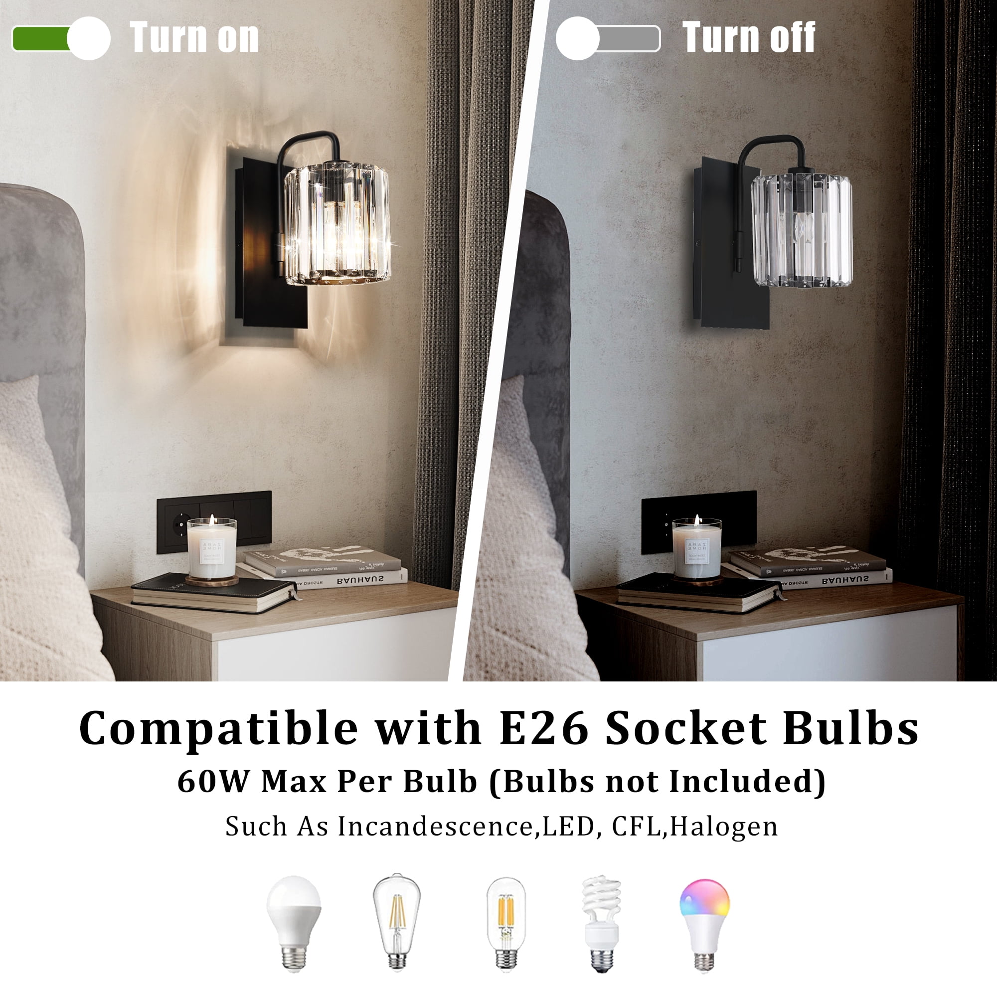 Auffel Crystal Wall Sconces Black Wall Light Fixtures Single Wall Mount Lamps for Living Room Bathroom Hallway Bedroom Stairway Indoor 10 Inch 1-Light