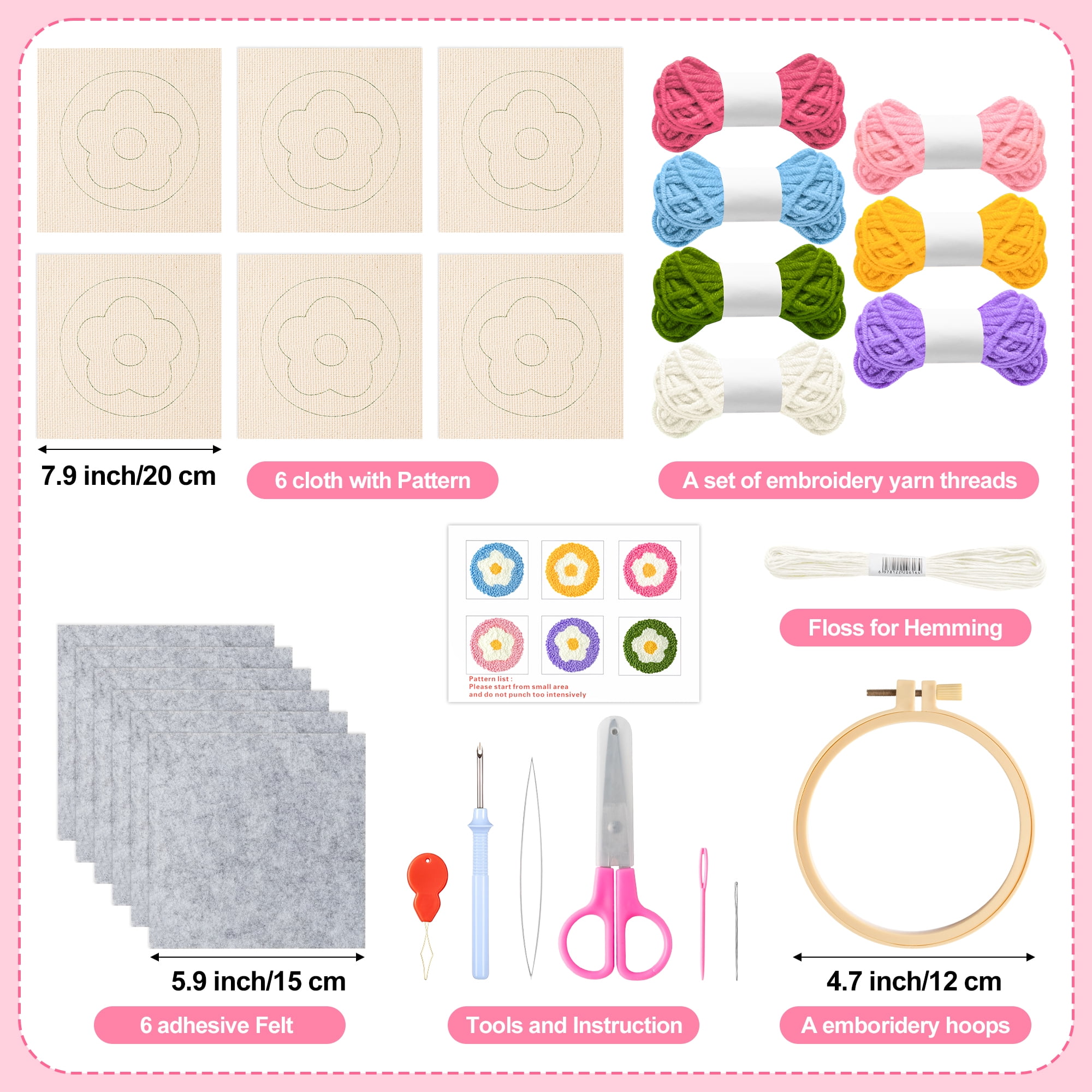 Belanttega Flower Punch Needle Coaster Kit - 22Pcs Art Work Decor Craft Supply for Beginners, DIY Set of 6 Flowers Pattern Tufted Rug Pads with Adhesive Felt Yarns Embroidery Hoop Tools Instruction