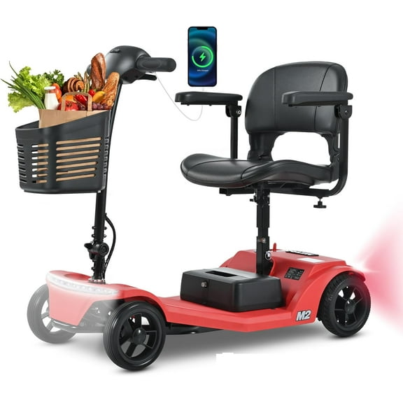 Mobility Scooters for Seniors & Adults 400lbs Foldable，Lightweight 4 Wheel Motorized Electric Wheelchair Device - Heavy Duty Mobile Scooter with Charger and Basket for Travel，15 Miles (Red)