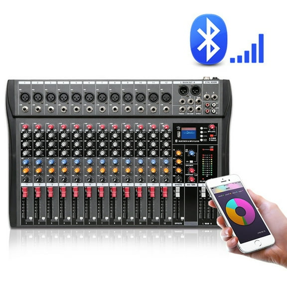 Aiqidi Professional 12 Channels Live Audio Mixer Bluetooth USB DJ Sound Mixing Console Amplifier with 6 Modes of Music
