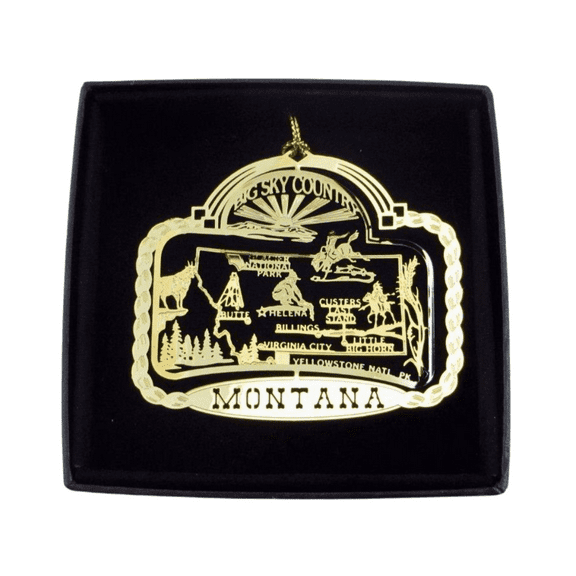 Montana State Brass Ornament Black Leatherette Gift Box