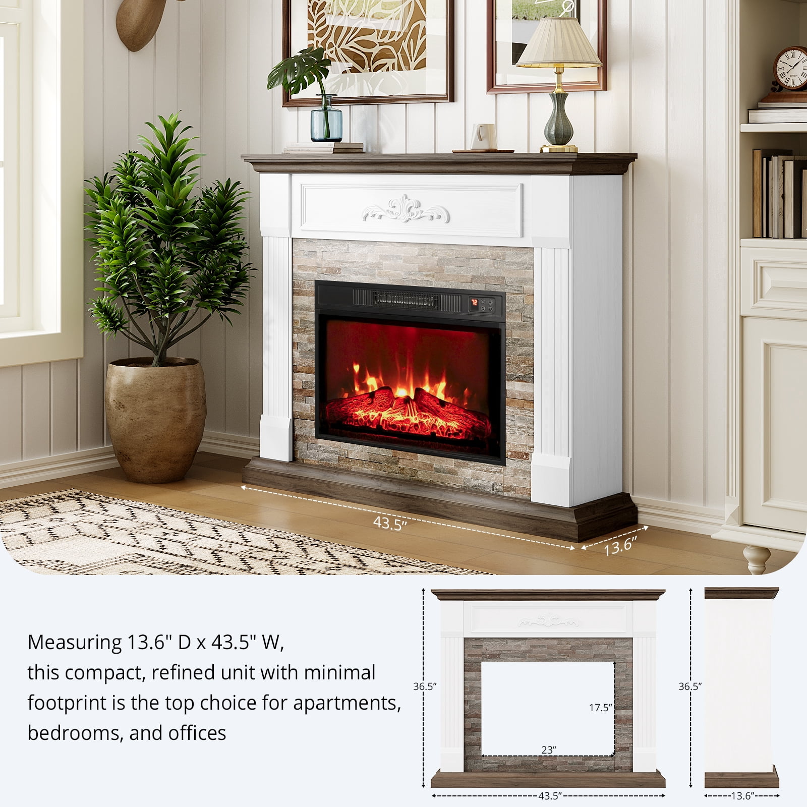 44"L Electric Fireplace Mantel Wooden Surround Firebox, Free Standing Fireplace, with Remote Control, Adjustable LED Flame