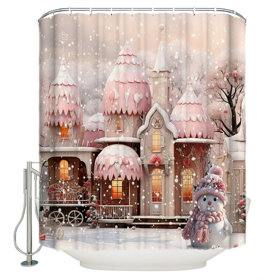 Christmas Pink Shower Curtain, 60" x 72", Cabin Rose Hat Snowman Waterproof Bathroom Curtain Washable Shower Curtain Set with 12 Hooks