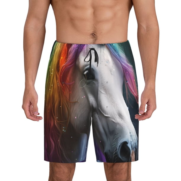 Balery Colorful Haired White Horse Pantalones cortos de pijama de punto de algodón para hombre con cinturilla y bolsillos-Medium