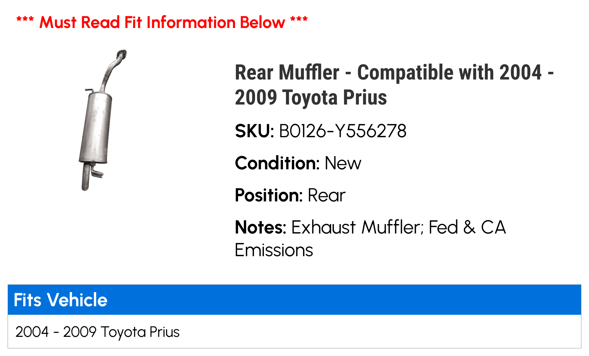 Rear Muffler - Compatible with 2004 - 2009 Toyota Prius 2005 2006 2007 2008