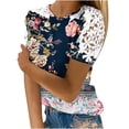 thumbnail image 1 of Camisas de Manga Corta para las Mujeres Impresión Cuello Redondo Suéter Encaje Blusa, Top Casual para el Hogar Y Diario, 1 of 9