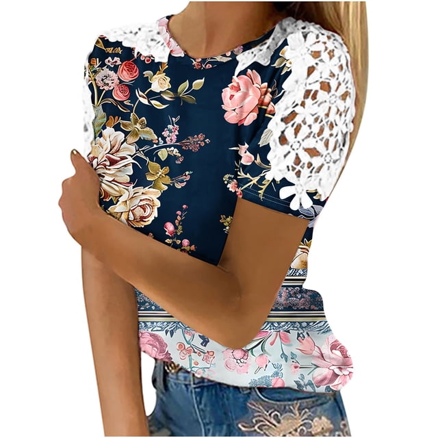 Camisas de Manga Corta para las Mujeres Impresión Cuello Redondo Suéter Encaje Blusa, Top Casual para el Hogar Y Diario