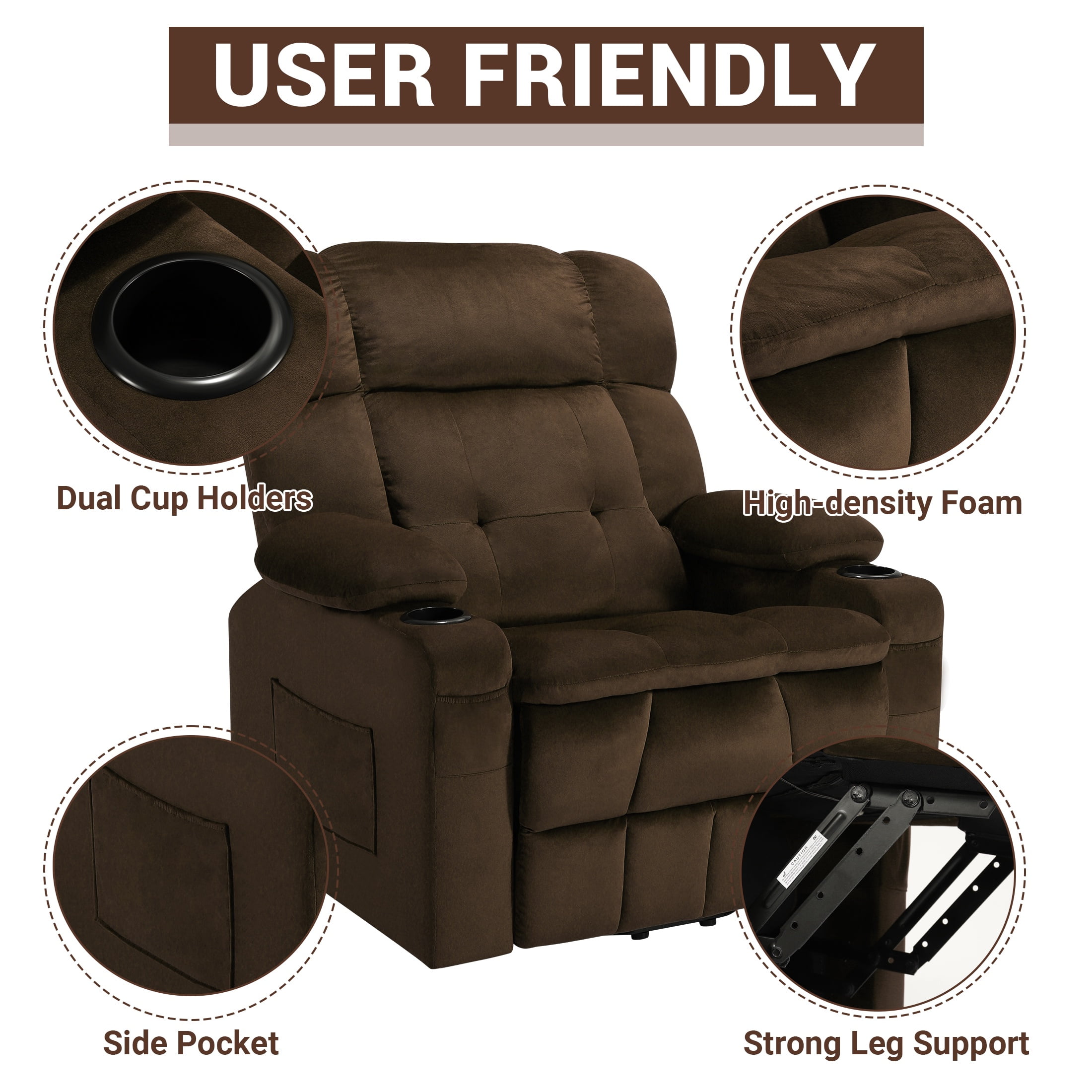 HSUNNS Large Power Lift Recliner Chair with Massage and Heat for Elderly Big and Tall People, Overstuffed Wide Recliners with 2 Cup Holders, Side Pocket for Living Room, Single Sofa, Brown