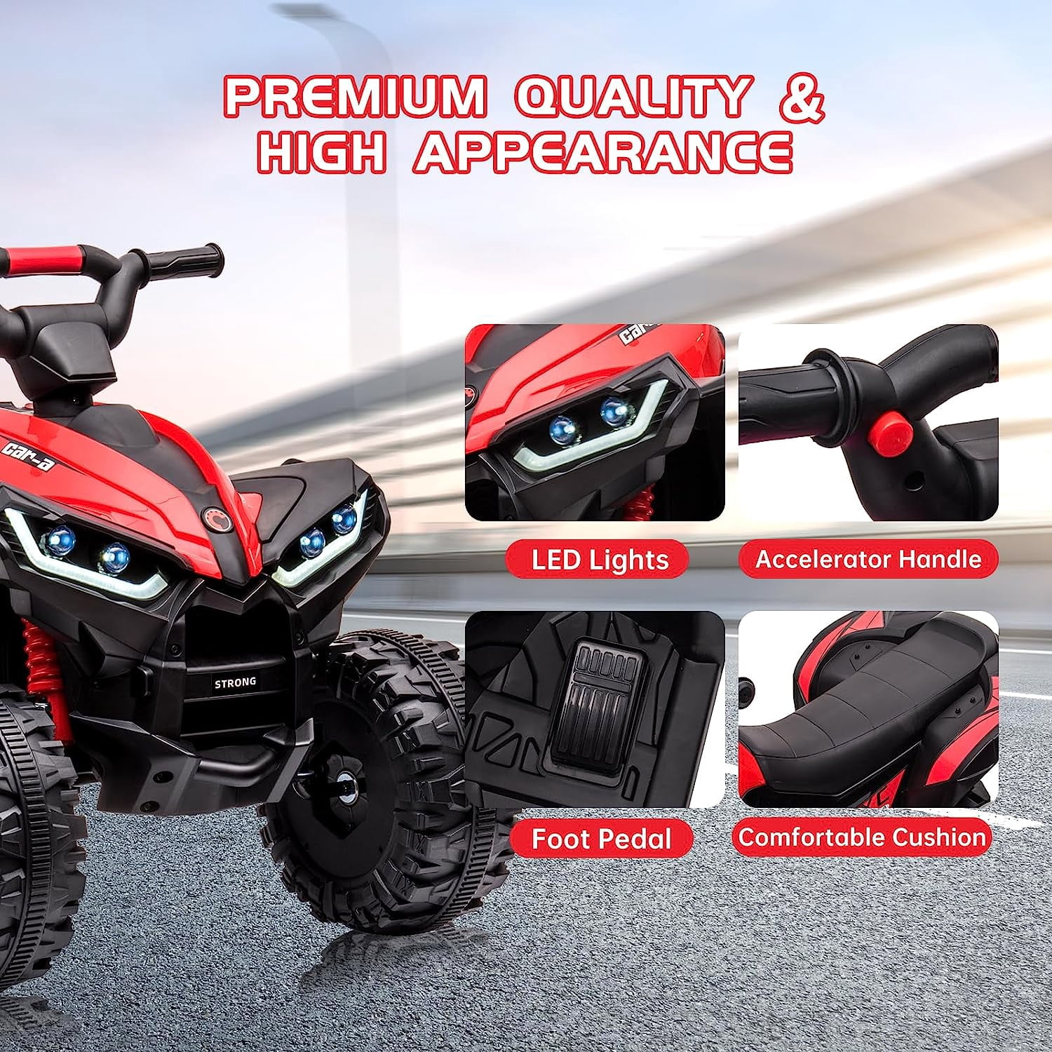 Trilenars Electric Quad Bike 12V, Ride On Car ATV Toy with Remote Control, Music, LED, Horn, 2 Speed, for Ages 3-5 Years,Red