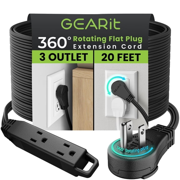 GEARit 360 Rotating Flat Plug Extension Cord (20ft, Black) Multi 3-Outlet Extension 16 AWG Wire, Adapter for Small Spaces, Right Angle Socket, ETL Certified - 20 Feet