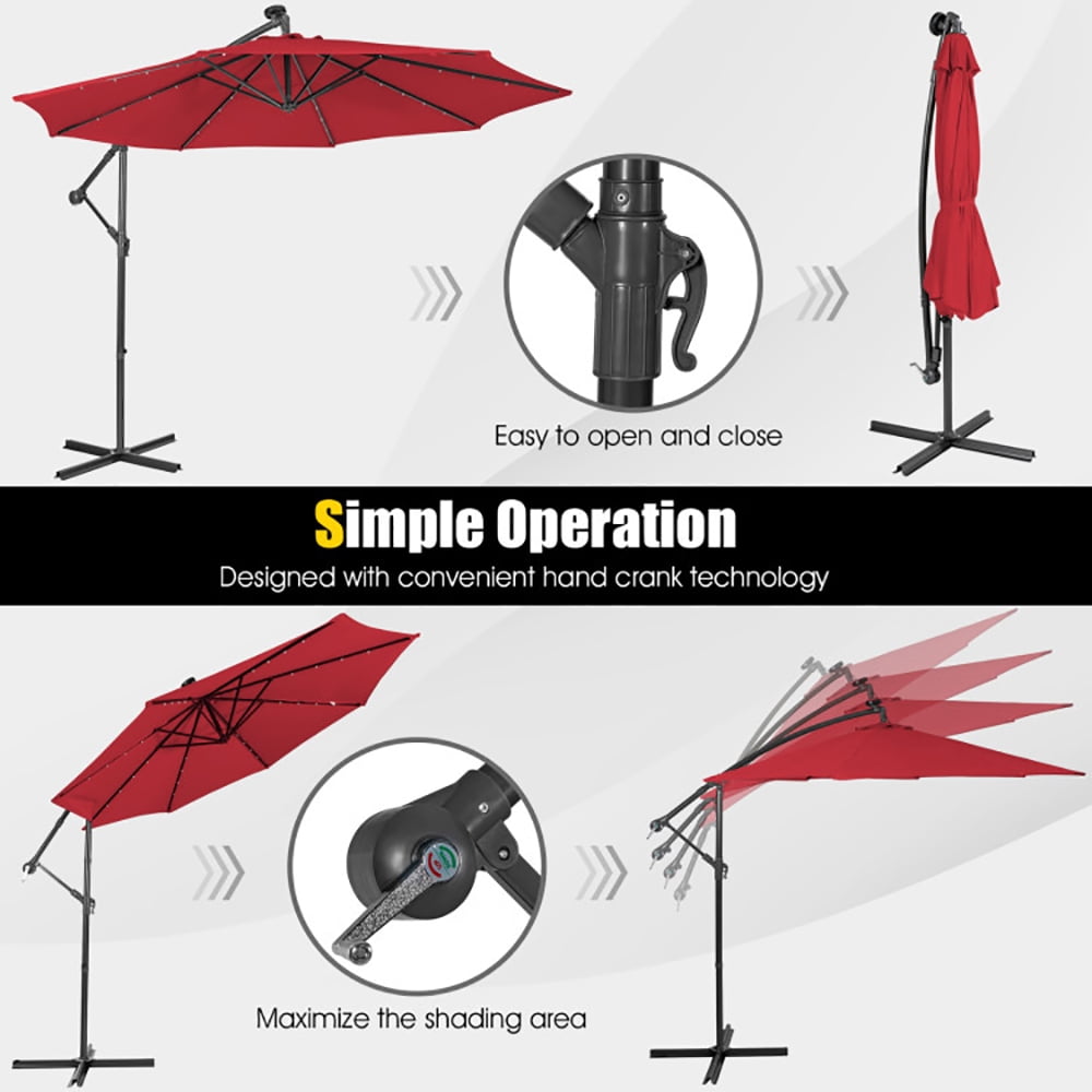 Aimee Lii 10 Feet Patio Solar Powered Cantilever Umbrella with Tilting System, Sunbrella Patio Umbrellas, Red Aimee Lii 10 Feet Patio Solar Powered Cantilever Umbrella with Tilting System, Sunbrella Patio Umbrellas, Red