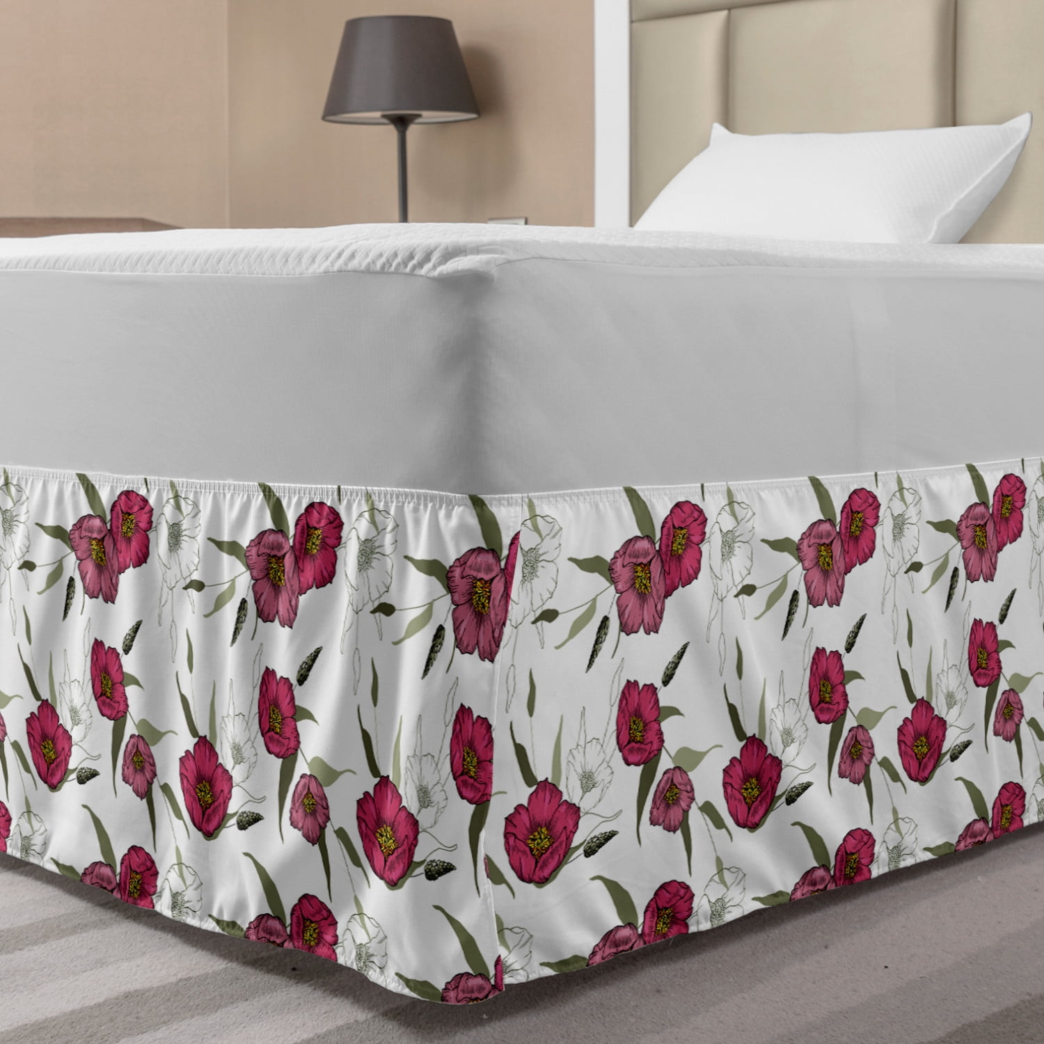 Floral Bed Skirt, Pink Gracious Poppy Pattern on Plain Background