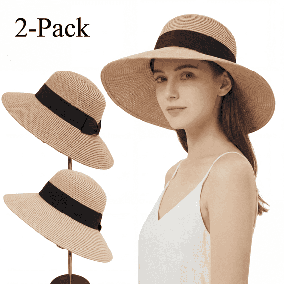 CALLINOX 2-Pack Womens Foldable Wide Brim Straw Sun Hat, Off-white and Khaki