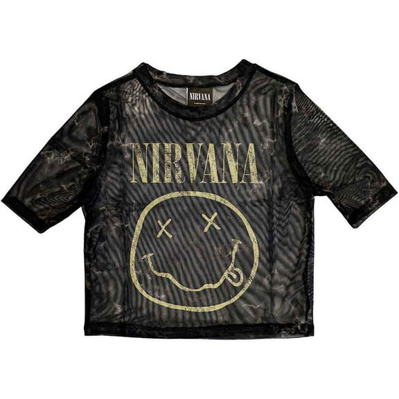 Nirvana Ladies Crop Top: Yellow Happy Face (Mesh) (X-Small)