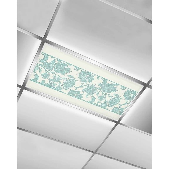 Fluorescent Light Covers for Ceiling Lights 1 Pack, Teal Spring Floral Magnetic Ceiling Light Covers 2x4ft for Classroom Office School, Ethnic Boho Vintage Botanical Overhead Drop Ceiling Light Shade