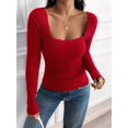 thumbnail image 5 of Womens Long Sleeve Shirts Square Neck Ribbed Knit Crop Tops Fall Outfits Fashion Clothes Red L, 5 of 8