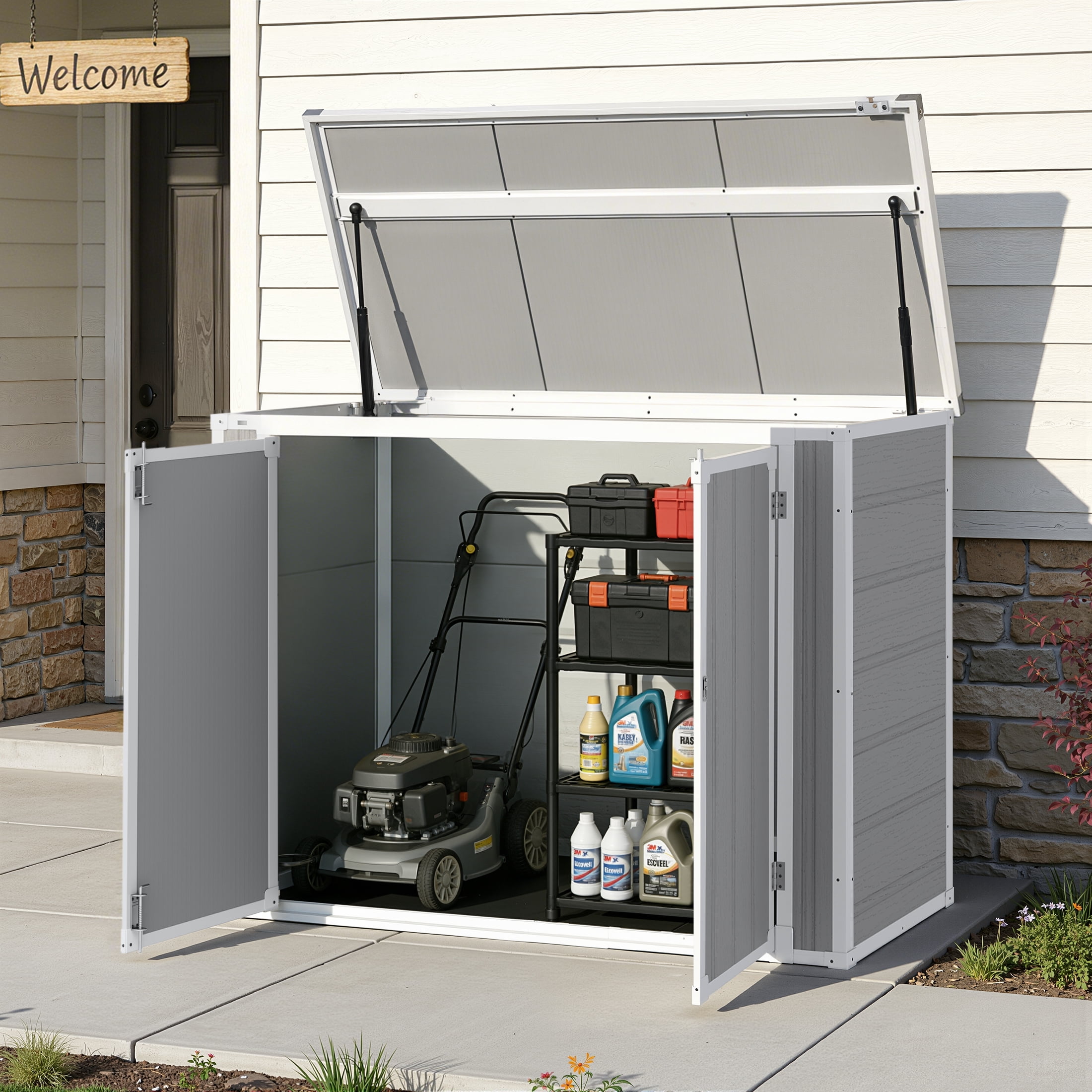 Enyopro 306Gal Shed & Outdoor Storage, Horizontal Resin Storage shed with Floor, All-Weather Tool Plastic Sheds for Bike, Lawn Mower, Generator, Garbage Cans and Outdoor Storage