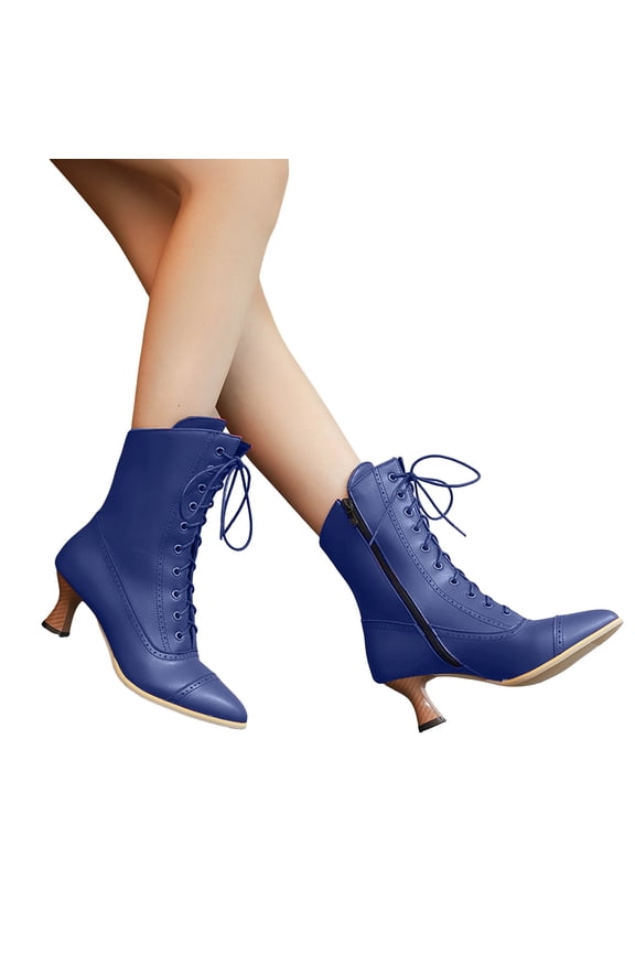 Victorian Boots for Women Lace up Elegant 70s Dressy Booties Low Heel Pointed Toe Mid Calf Boots