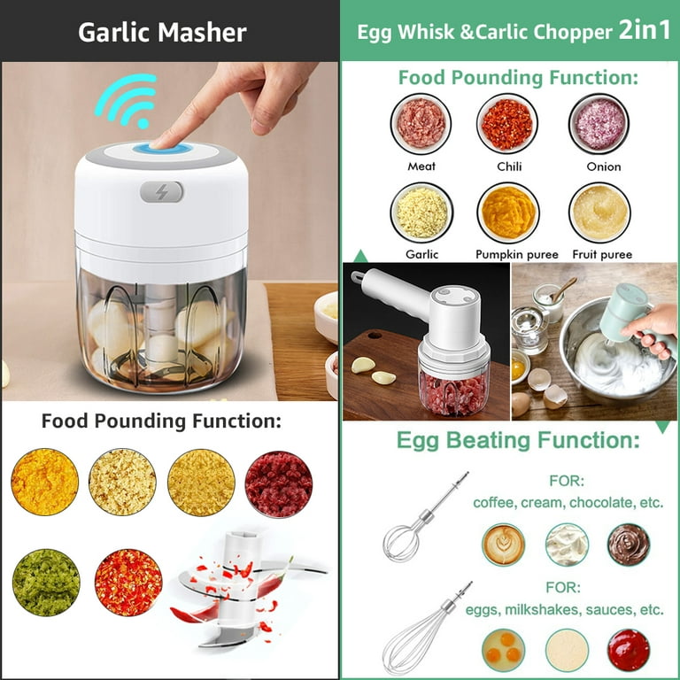 Electric Mini Garlic Chopper 2Cups–Rechargeble Wireless Food Processor for  Garlic Pepper Chili Vegetable Nuts Meat(250ml+100ml)