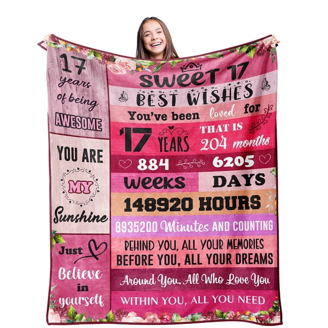 LHSHID 17th Birthday Gifts for Girls Blanket Decorations for Girls 17 Year Old Girl Gift Ideas Sweet Seventeen Gifts Fleece Blanket 50x60in