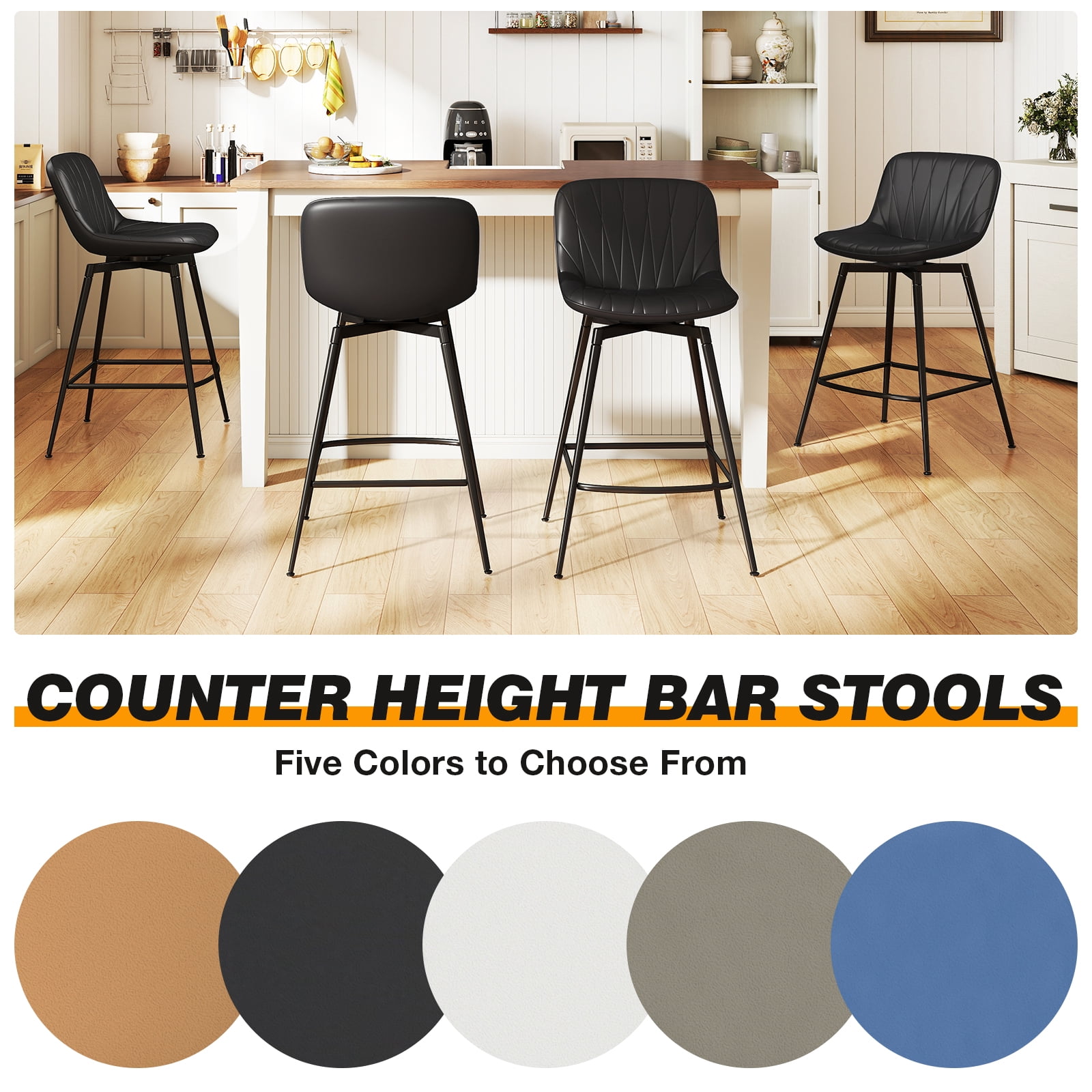 Modern 30" Swivel Bar Stools Set of 2 with Back & Footrest, Upholstered Counter Height Bar Chairs for Kitchen Island, PU Leather in Black