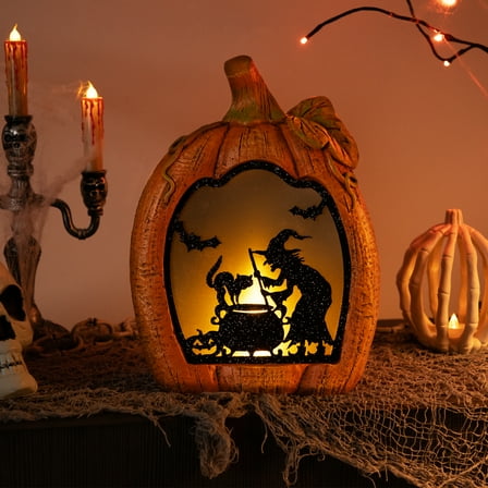 Witch Stirring Flickering Cauldron Scene Inside Pumpkin Halloween Decoration - 13" - LED Orange Light