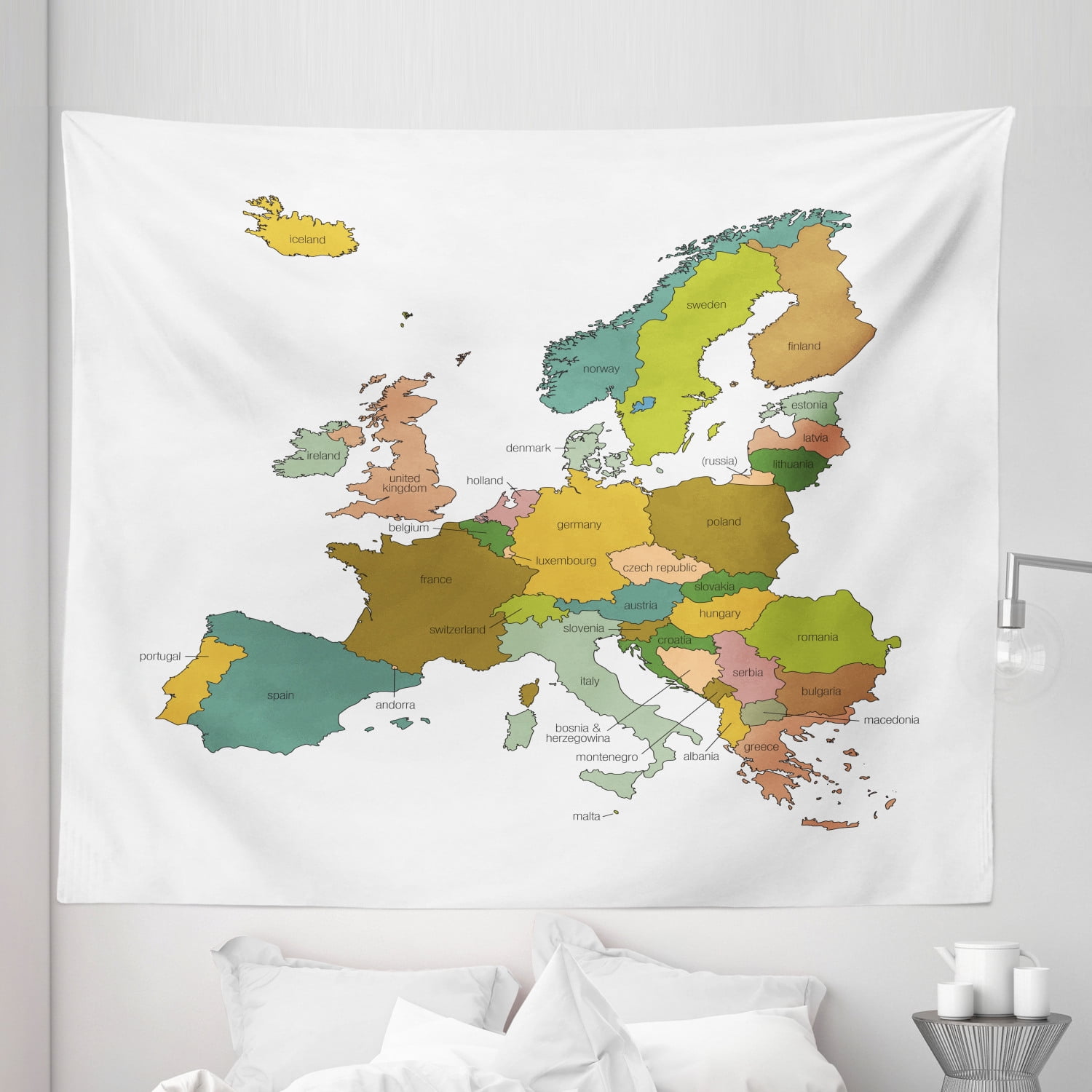 Europe Tapestry, Colored Illustrated Map of the European Continent and Countries with Borders 