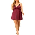 thumbnail image 2 of Agnes Orinda Women's Plus Size Valentines Day Satin Camisole Deep V Neck Side Slit Lace Sleepshirts 1X Burgundy, 2 of 7