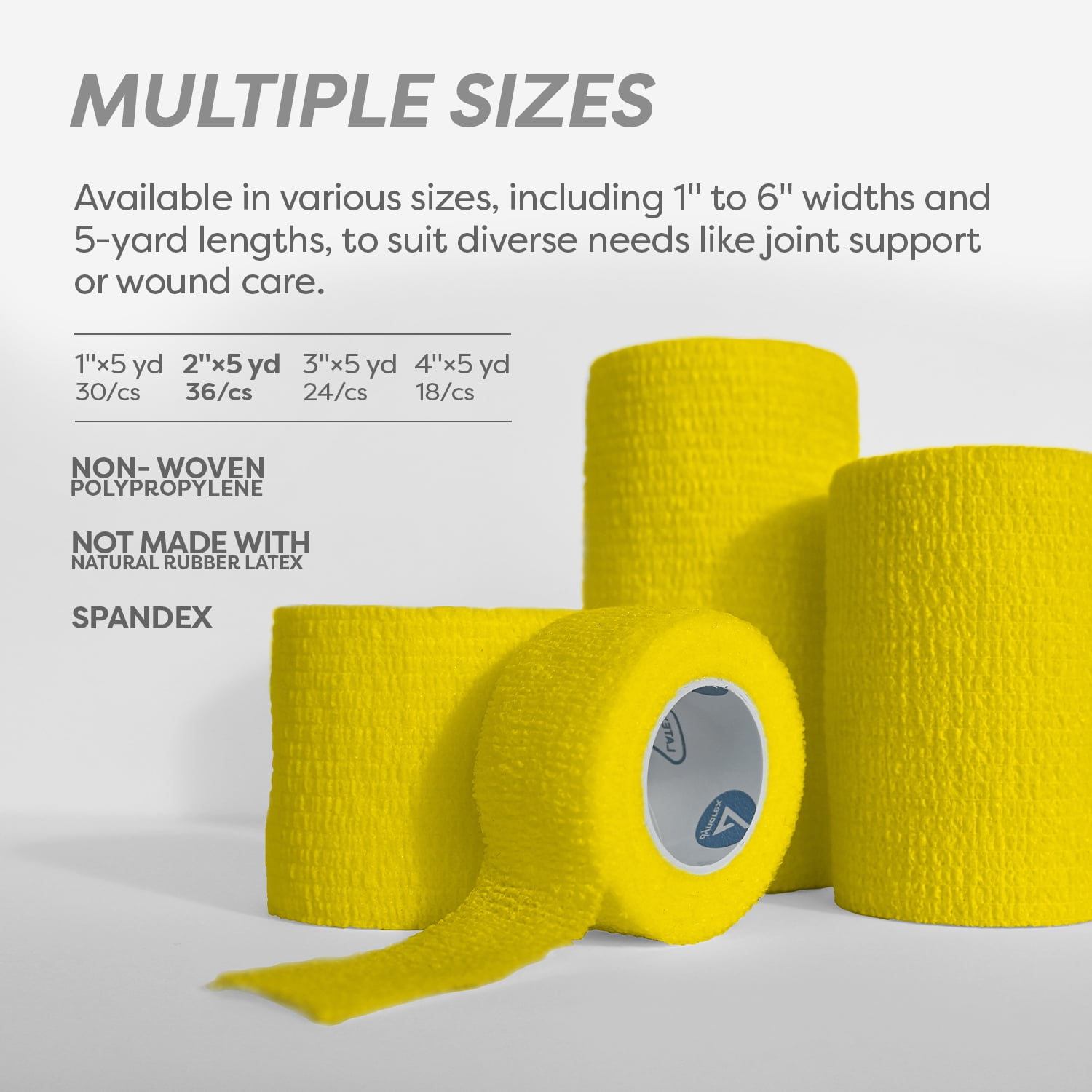 Dynarex Sensi-Wrap Self-Adhesive Bandages, 36-Pack, 2" x 5 yards, Yellow, Latex-Free, Colored Elastic Cohesive Athletic Tape, Tattoo Grip & Vet Wrap