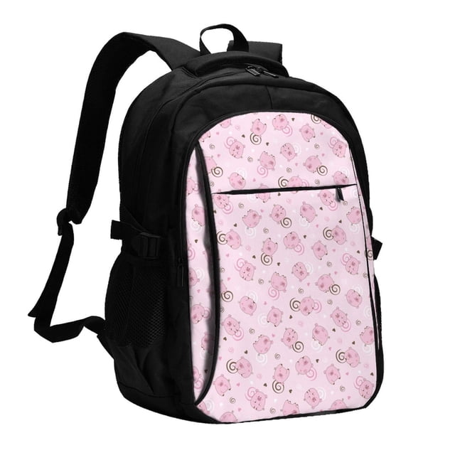 Balery Cute Pig Mochila con carga USB para hombre y mujer - Mochila impermeable y antirrobo para laptop con puerto USB para viajes, trabajo