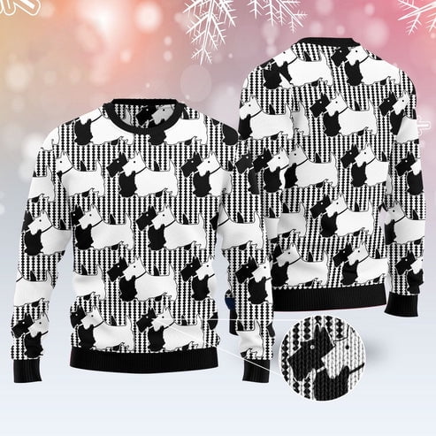 Scottish Terrier Black And White 3D Christmas Sweater, Funny Xmas Sweater, Sweater Xmas