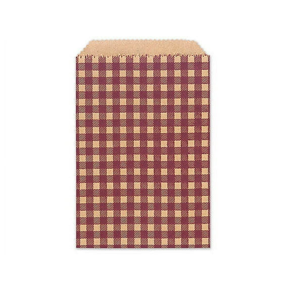 100 Pack, Burgundy Gingham Kraft Merchandise Bags, 4.75x6.75" for Food Packaging, Made in USA