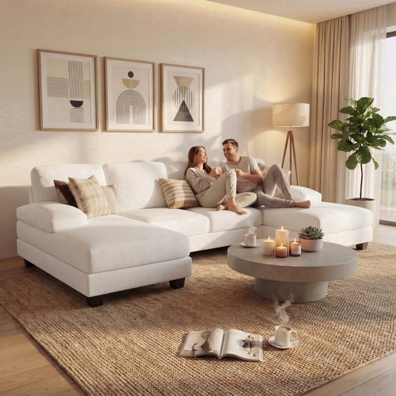 Lumihaven 105" U-Shaped Sectional Sofa with Double Chaise 4-Seat Modular Sofa Couch for Living Room,Chenille White