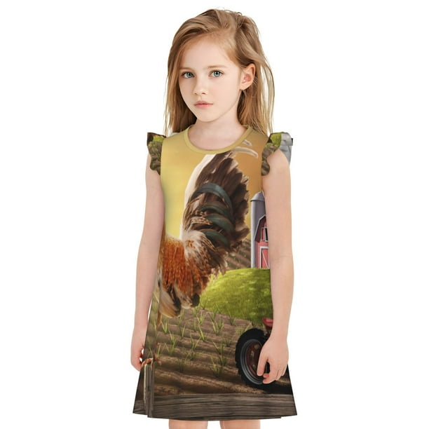 Fotbe Country Farm Morning Rooster Vestido de Dormir para Niñas de 3 a 10 Años, Mangas Cortas, Estilo Princesa, Pijama Camisón con Mangas Voladas-Medium