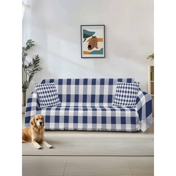 Navy Blue White Plaid Sofa Covers for 2-3 Cushion Couch L-Shaped Sectional, Farmhouse Checkered Buffalo Washable Sofa Covers Slipcover for Living Room Furniture, Couch Cover Blanket 71"x134"