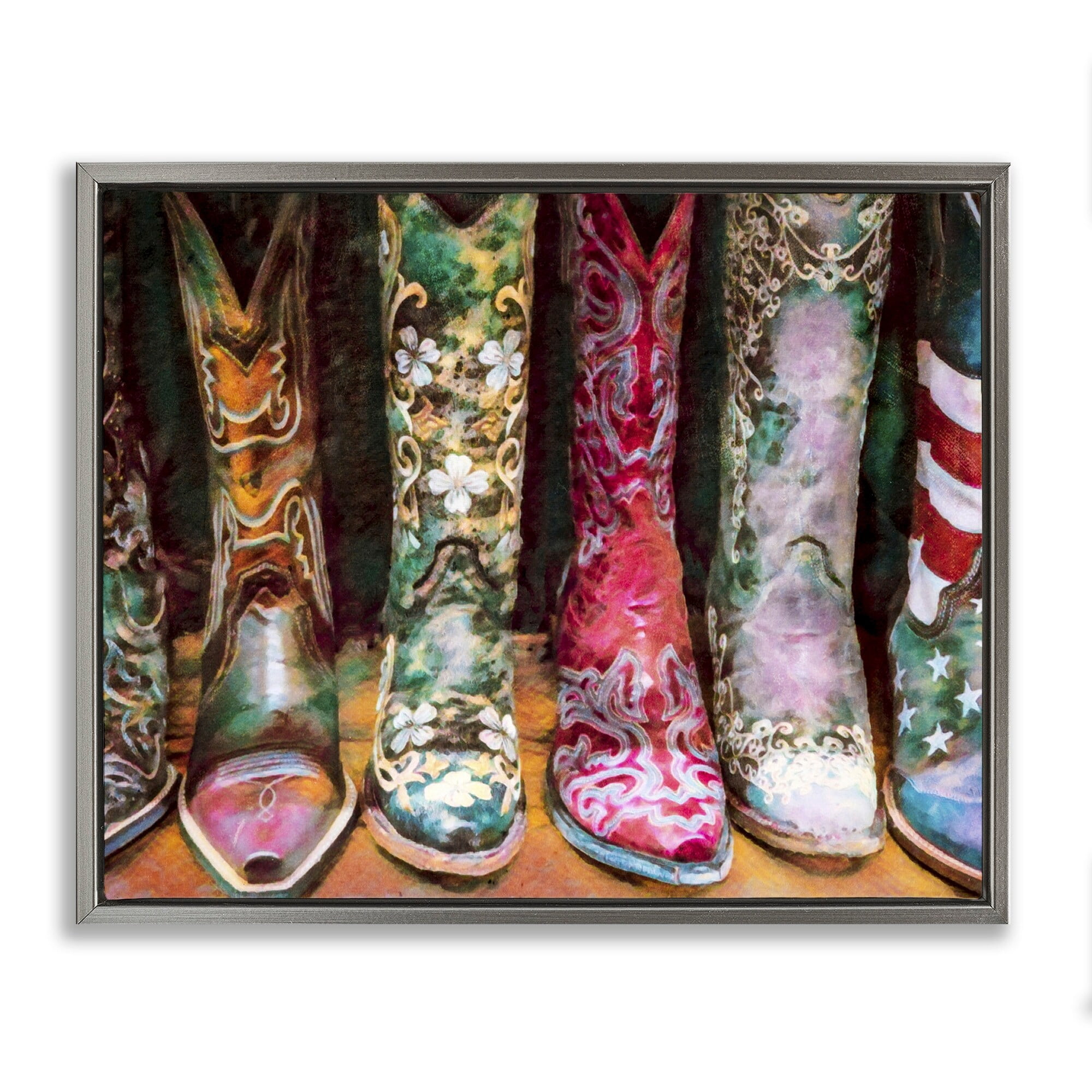 Stupell Industries Cowboy Boots Various Bold Designs Americana Apparel Painting Luster Gray Floating Framed Canvas Print Wall Art, Design by Graffitee Studios