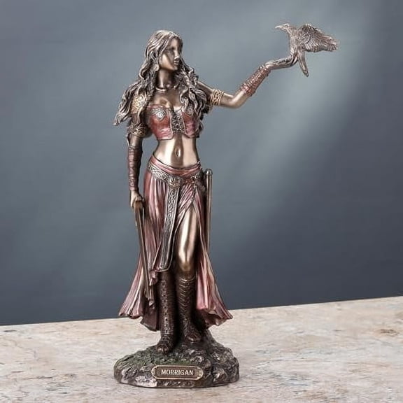 VERONESE DESIGN 10 1/4 Inch Celtic Goddess Morrigan with Crow and Sword Resin Statue Bronze Finish