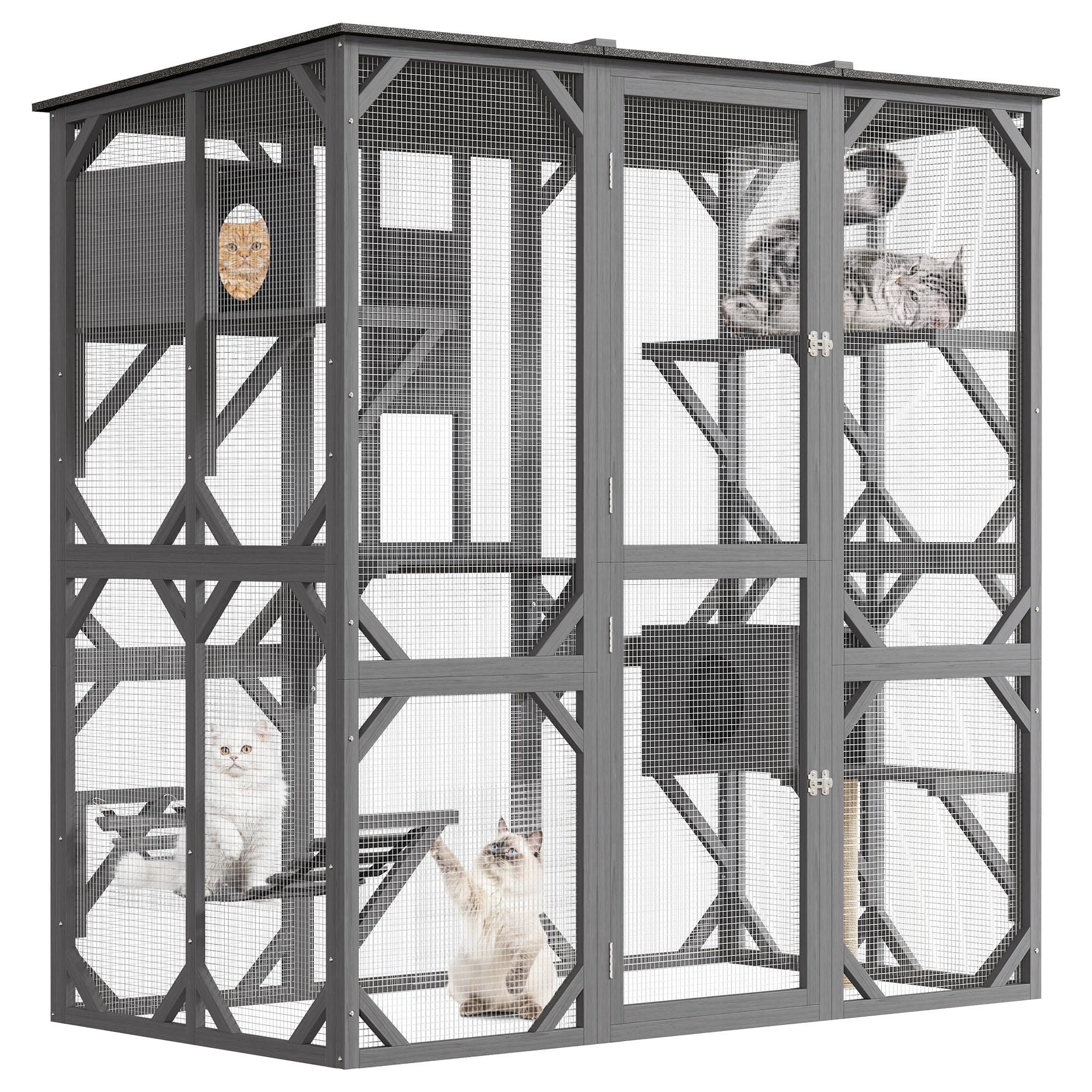 Ataucjin Walk-in Window Catio Outdoor,70'' Wooden Cat Enclosure for Mulitiple Cats with Waterproof Roof,Feral Cat Shelter with Platforms,Hammock, Scratching Post and Resting Box,Walk in Cat Kennel