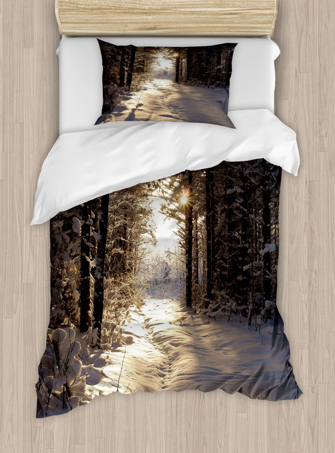 Winter Twin Size Duvet Cover Set, Christmas Season with Snow and Frozen Forest Sun Rays Very Cold Woods Scenery, Decorative 2 Piece Bedding Set with 1 Pillow Sham, Brown Pale Yellow, by Ambesonne