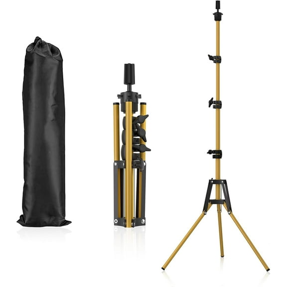 MetalM - Reinforced Mannequin Head Stand, Wig Stand Tripod, Adjustable Floor Holder, Manikin Stand for Cosmetology Hairdressing Training (Golden Metal)