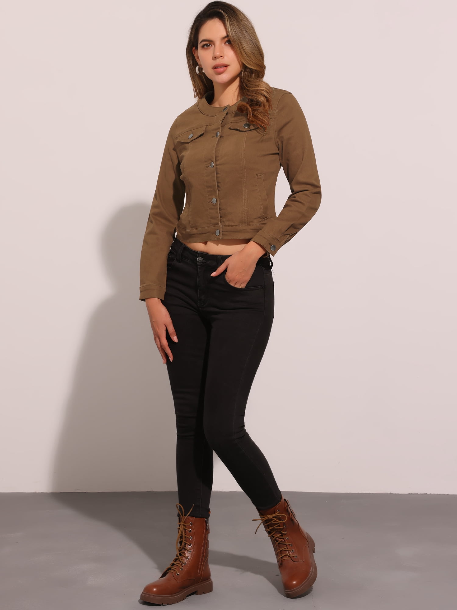 DARING DIVA Women's Button Down Collarless Cropped Denim Jacket M Dark Brown