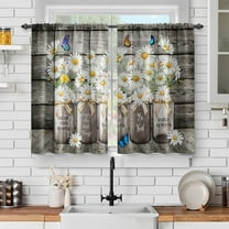 Farmhouse Flower Kitchen Curtains: White Floral Window Drapes for Dining Room, Brown Daisy Wooden Short Cafe Curtain Rod Pocket 2 Panels Window Curtains for Living Room Decor 24 Inch Length